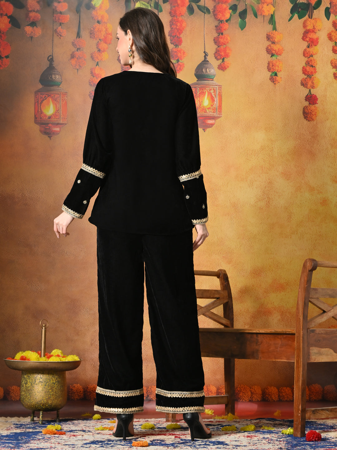 Myshka Women Black Velvet Shirt Embroidered Full Sleeves with Flared Trouser - Distacart