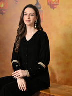 Myshka Women Black Velvet Shirt Embroidered Full Sleeves with Flared Trouser - Distacart