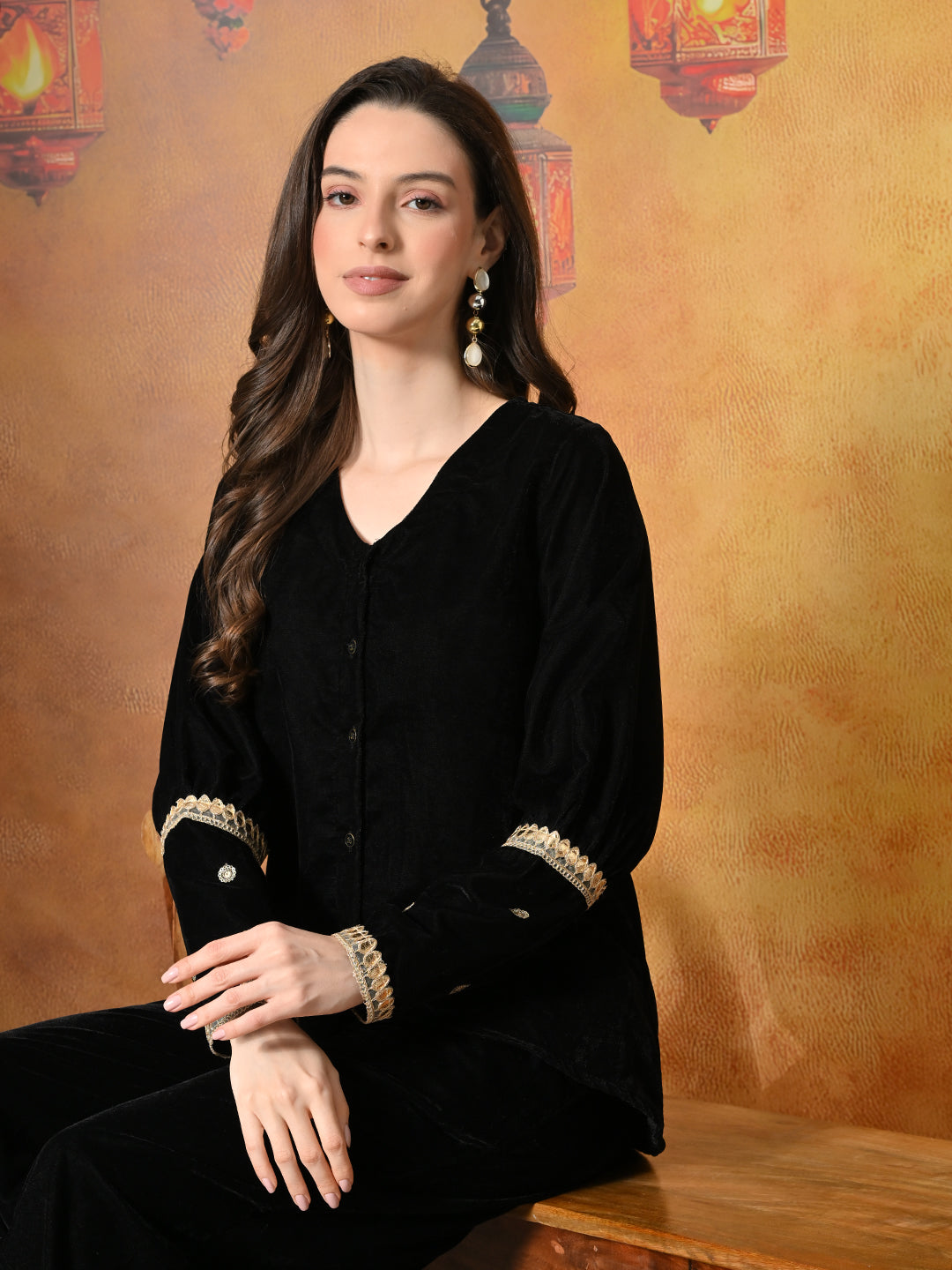 Myshka Women Black Velvet Shirt Embroidered Full Sleeves with Flared Trouser - Distacart