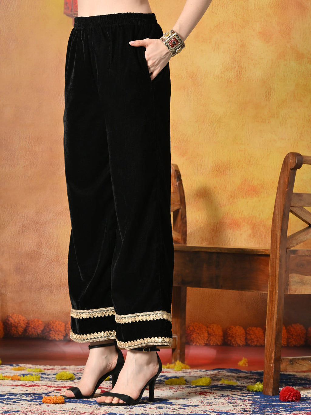 Myshka Women Black Velvet Shirt Embroidered Full Sleeves with Flared Trouser - Distacart