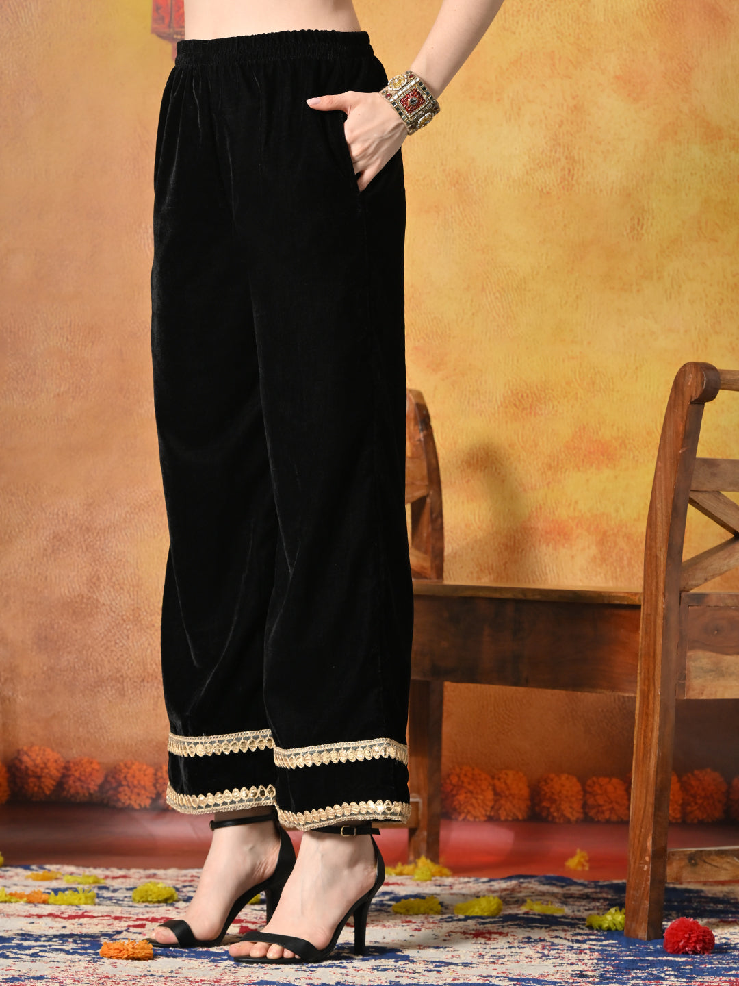 Myshka Women Black Velvet Shirt Embroidered Full Sleeves with Flared Trouser - Distacart