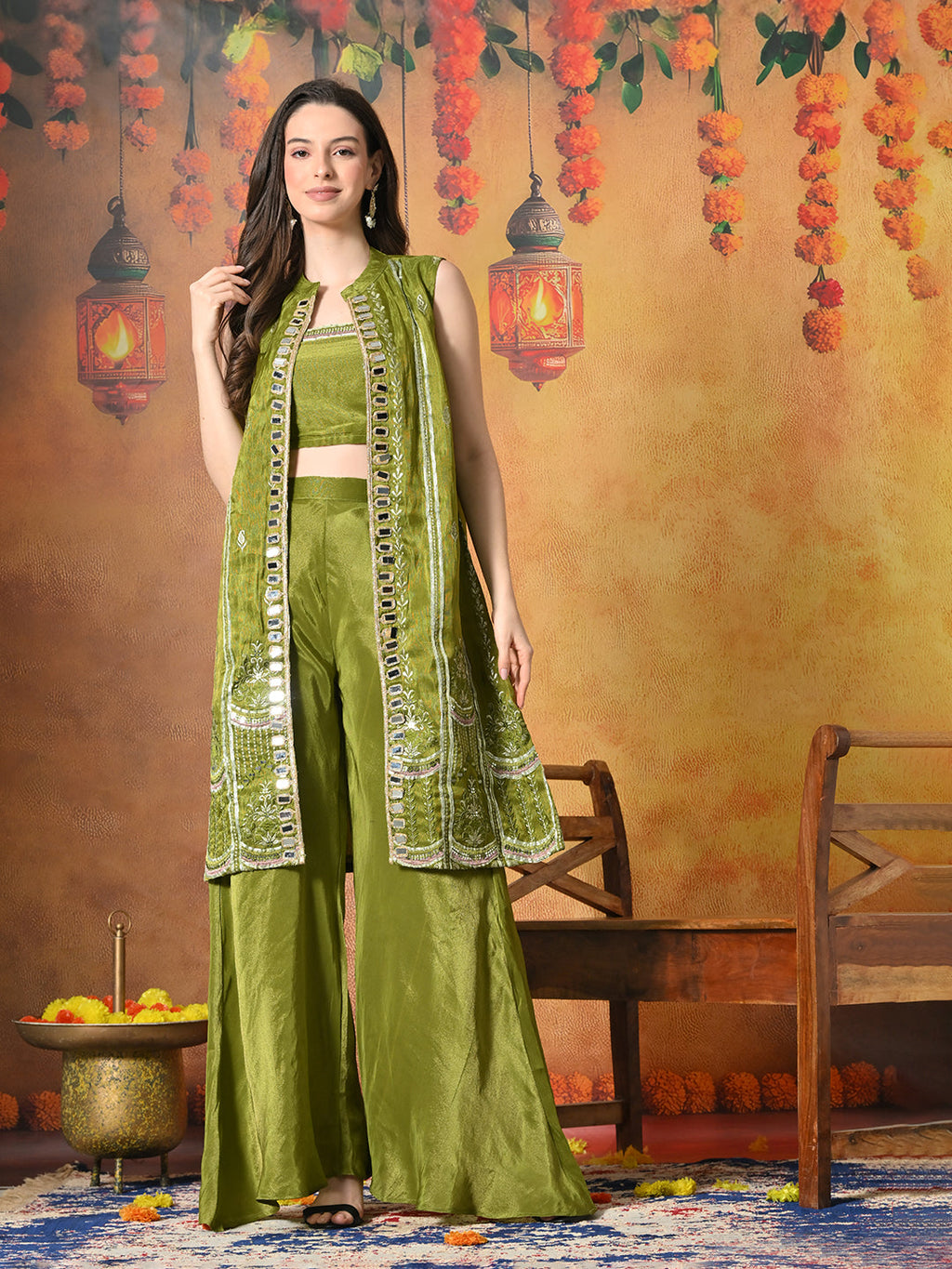 Myshka Women Green Viscose Strap Crop Top Sleeveless Jacket with Flared Trouser