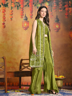 Myshka Women Green Viscose Strap Crop Top Sleeveless Jacket with Flared Trouser