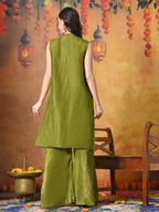 Myshka Women Green Viscose Strap Crop Top Sleeveless Jacket with Flared Trouser