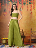 Myshka Women Green Viscose Strap Crop Top Sleeveless Jacket with Flared Trouser