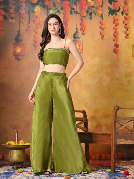 Myshka Women Green Viscose Strap Crop Top Sleeveless Jacket with Flared Trouser