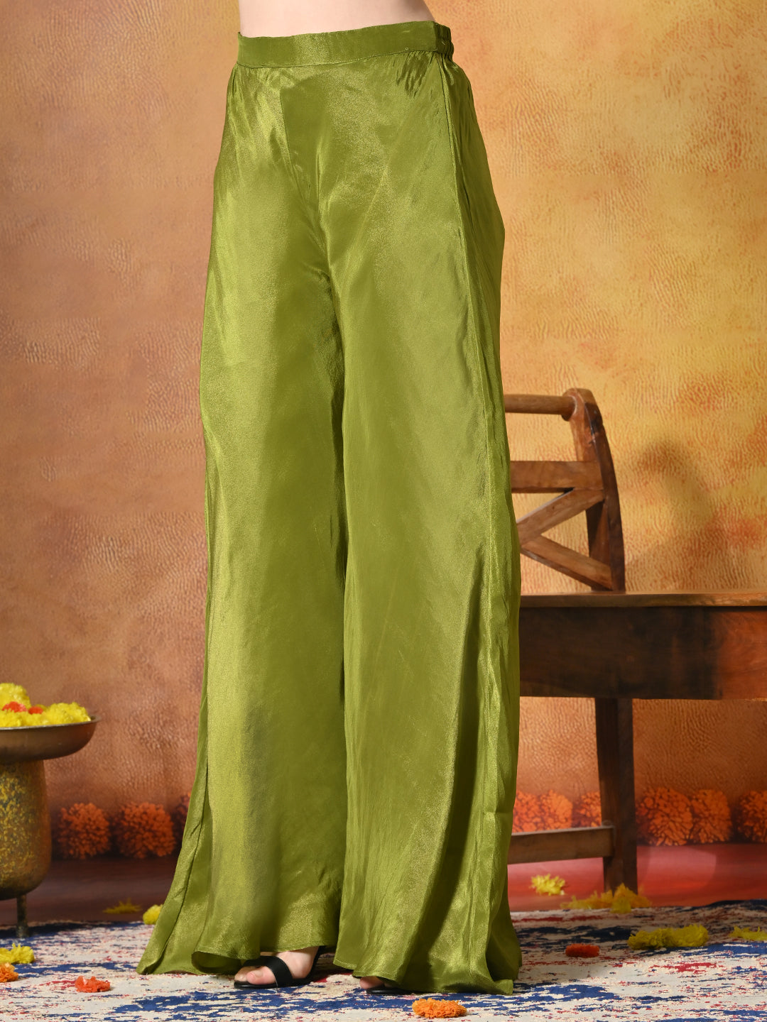 Myshka Women Green Viscose Strap Crop Top Sleeveless Jacket with Flared Trouser