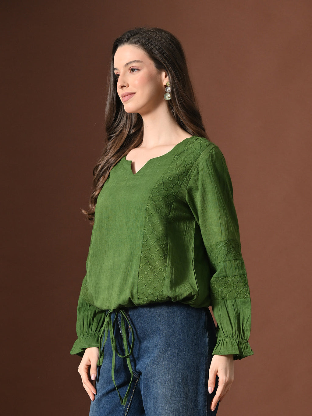 Myshka Women Pure Cotton Top Puffed Full Sleeves Schiffli Pattern Embroidered Waist Tie-up Style - Distacart