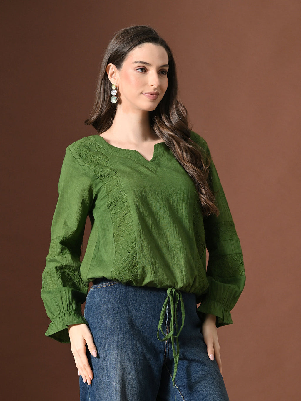 Myshka Women Pure Cotton Top Puffed Full Sleeves Schiffli Pattern Embroidered Waist Tie-up Style - Distacart