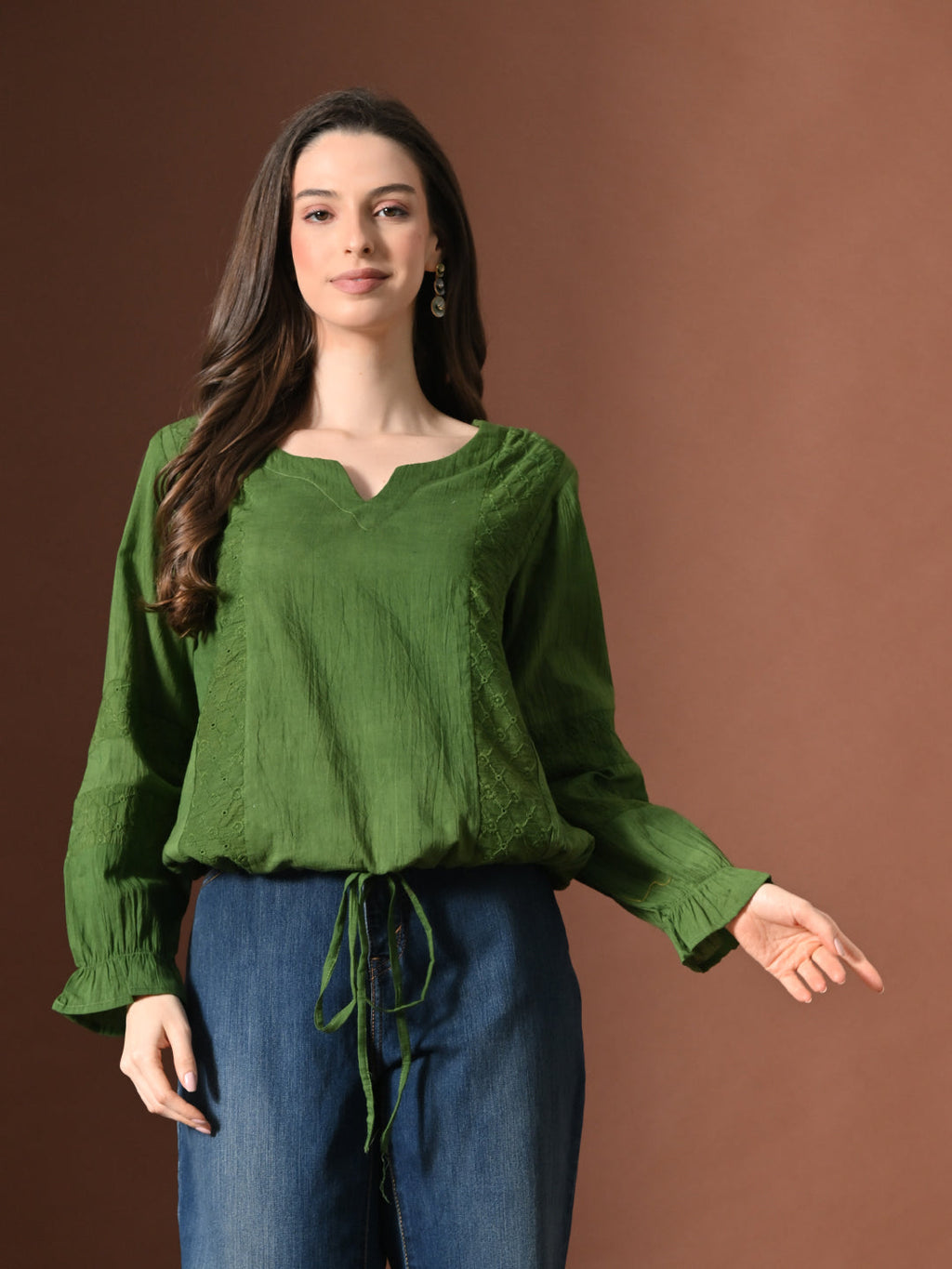 Myshka Women Pure Cotton Top Puffed Full Sleeves Schiffli Pattern Embroidered Waist Tie-up Style - Distacart