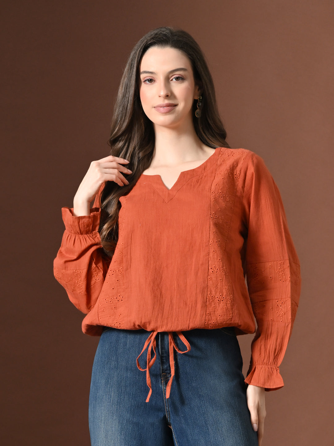 Myshka Women Pure Cotton Top Puffed Full Sleeves Schiffli Pattern Embroidered Tie-up Style - Distacart