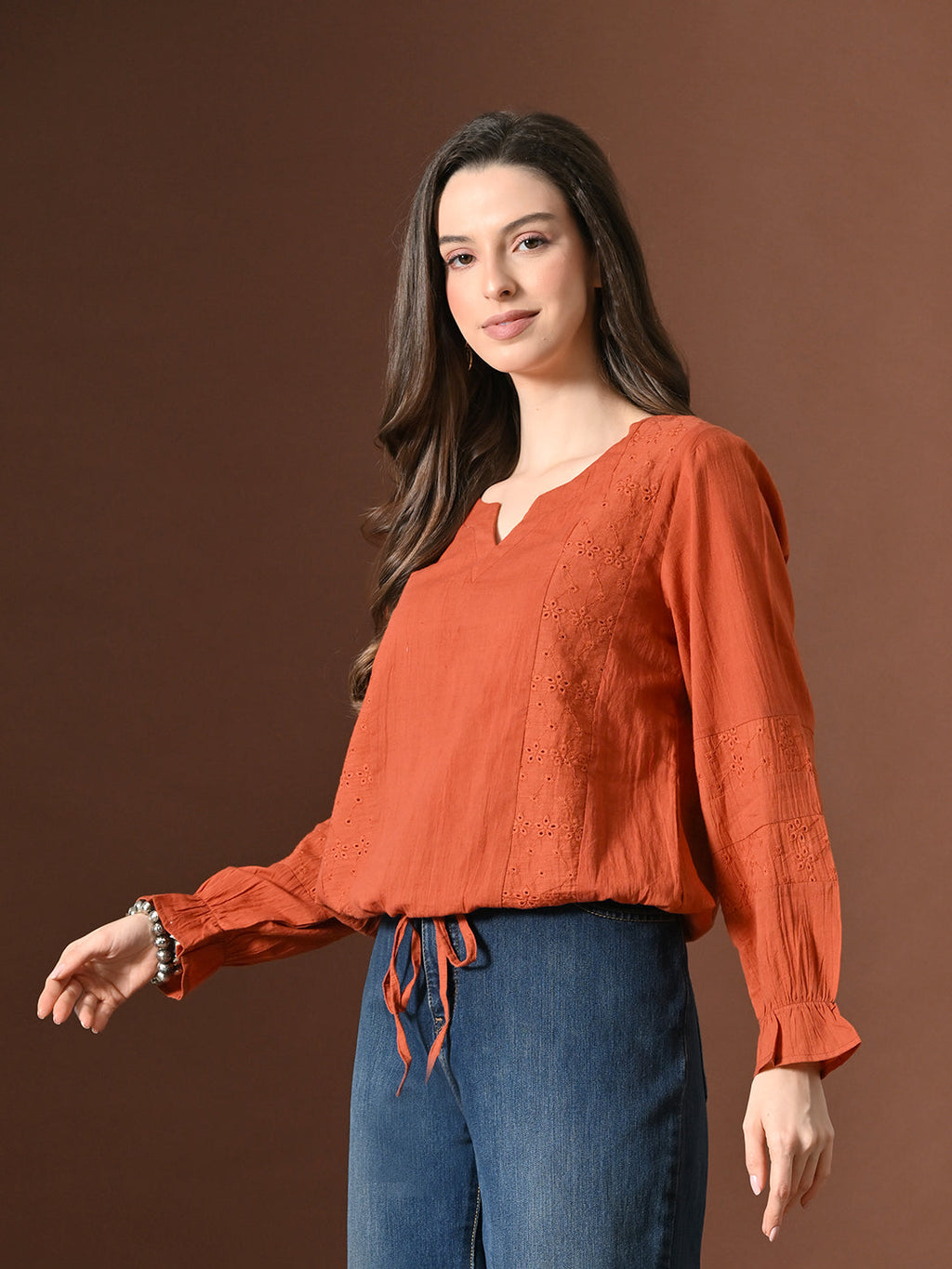 Myshka Women Pure Cotton Top Puffed Full Sleeves Schiffli Pattern Embroidered Tie-up Style - Distacart