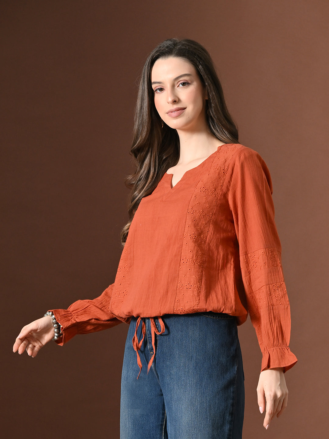 Myshka Women Pure Cotton Top Puffed Full Sleeves Schiffli Pattern Embroidered Tie-up Style - Distacart