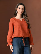 Myshka Women Pure Cotton Top Puffed Full Sleeves Schiffli Pattern Embroidered Tie-up Style - Distacart