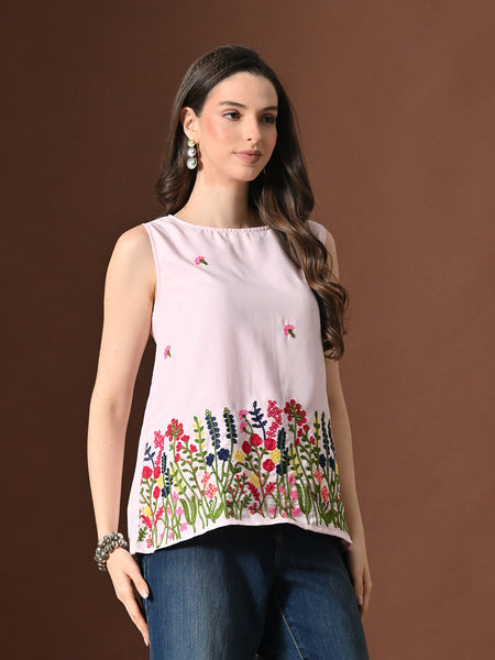 Myshka Women Poly Cotton Sleeveless Multicolor Thread Embroidered Pattern