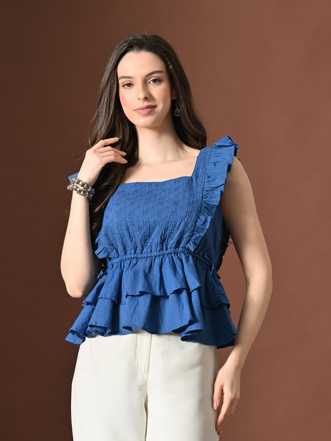 Myshka Women Pure Cotton Top Flared Sleeves Schiffli Pattern Embroidered Layered