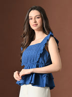 Myshka Women Pure Cotton Top Flared Sleeves Schiffli Pattern Embroidered Layered
