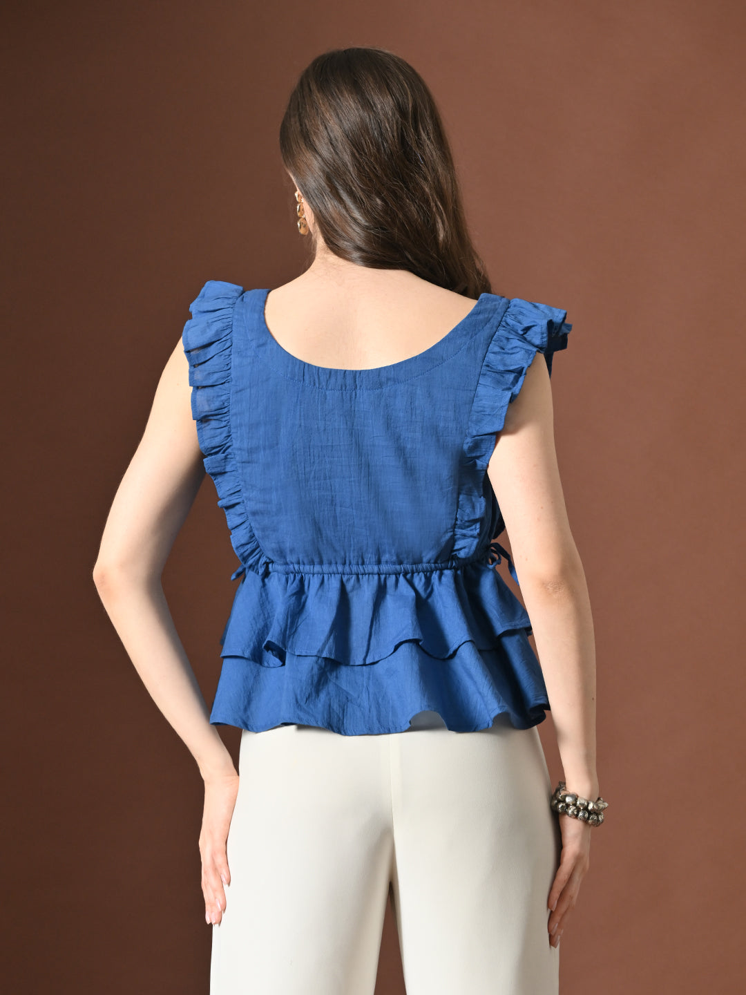 Myshka Women Pure Cotton Top Flared Sleeves Schiffli Pattern Embroidered Layered