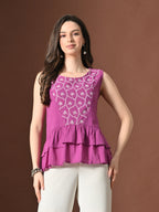 Myshka Women Pure Cotton Top Sleeveless Schiffli Pattern Embroidered - Distacart