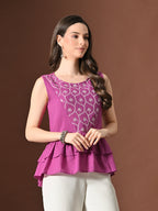 Myshka Women Pure Cotton Top Sleeveless Schiffli Pattern Embroidered - Distacart