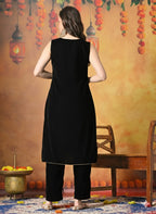 Myshka Women Black Velvet Embroidered Yoke Sleeveless Kurta Set - Distacart