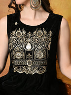 Myshka Women Black Velvet Embroidered Yoke Sleeveless Kurta Set - Distacart