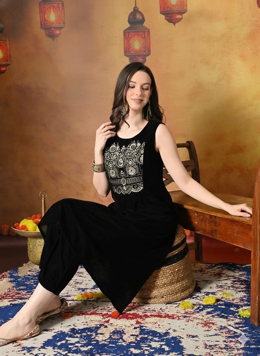 Myshka Women Black Velvet Embroidered Yoke Sleeveless Kurta Set - Distacart