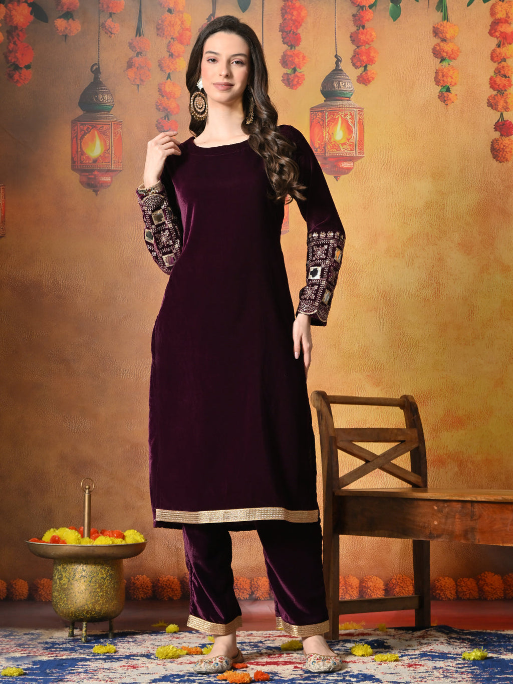 Myshka Women Wine Velvet Embroidered Regular Sleeves Kurta Set - Distacart