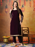 Myshka Women Wine Velvet Embroidered Regular Sleeves Kurta Set - Distacart