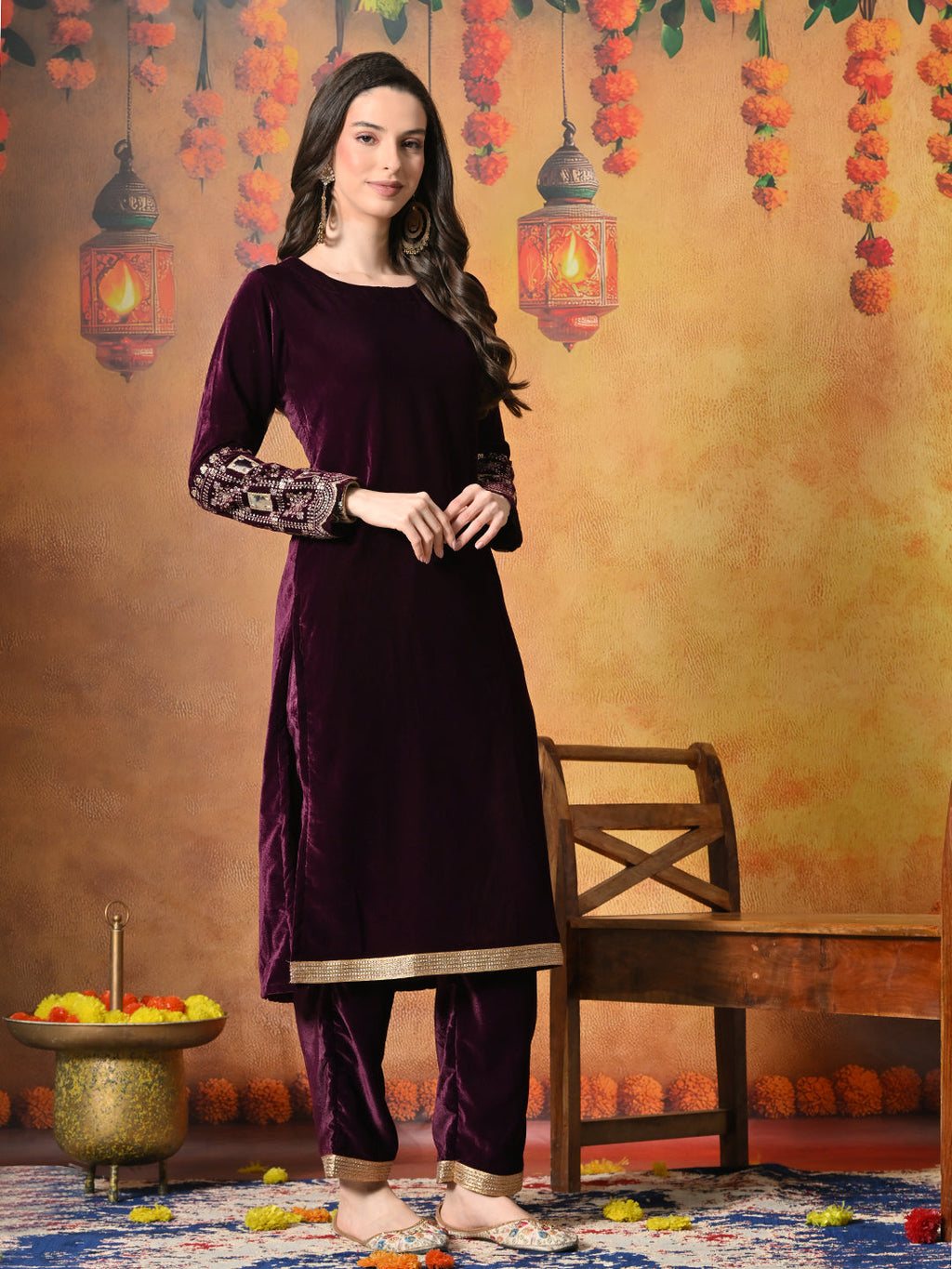 Myshka Women Wine Velvet Embroidered Regular Sleeves Kurta Set - Distacart