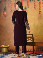 Myshka Women Wine Velvet Embroidered Regular Sleeves Kurta Set - Distacart