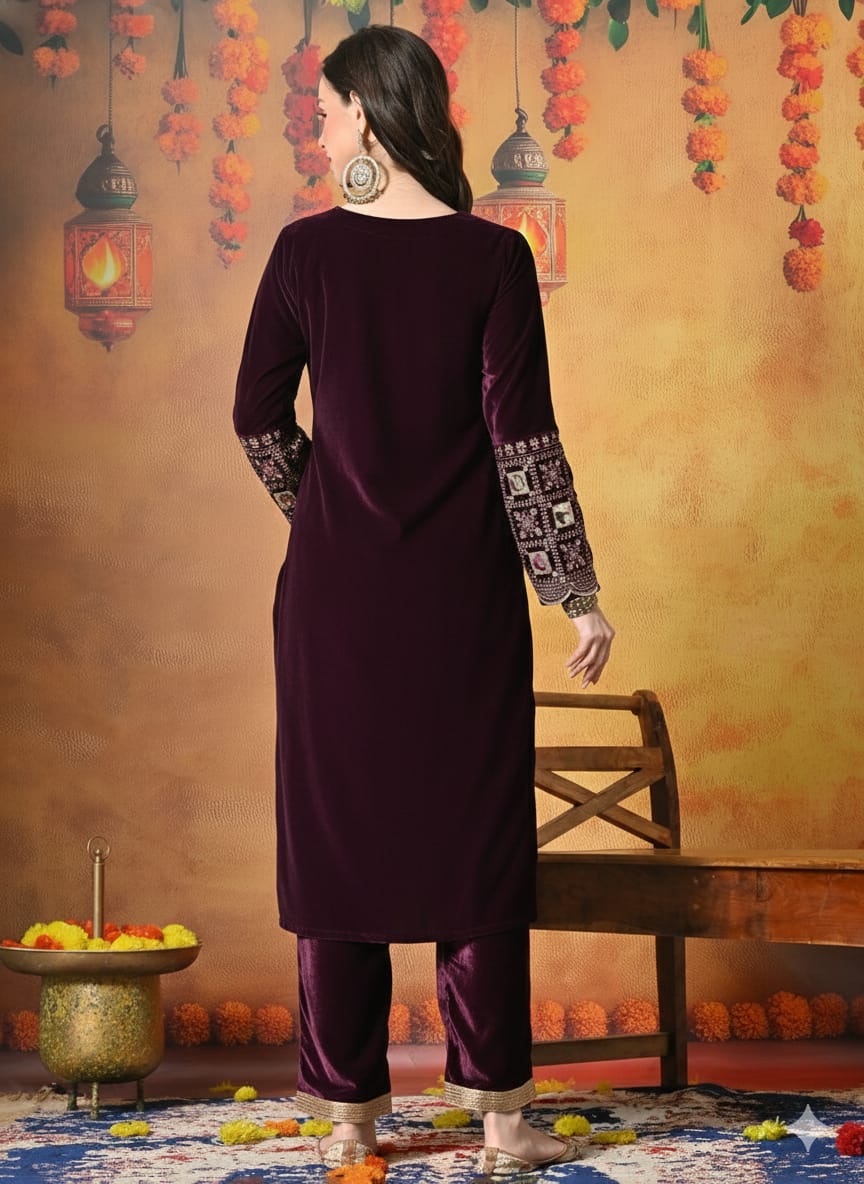 Myshka Women Wine Velvet Embroidered Regular Sleeves Kurta Set - Distacart