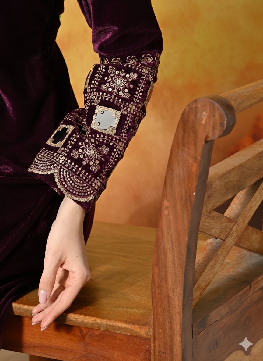 Myshka Women Wine Velvet Embroidered Regular Sleeves Kurta Set - Distacart