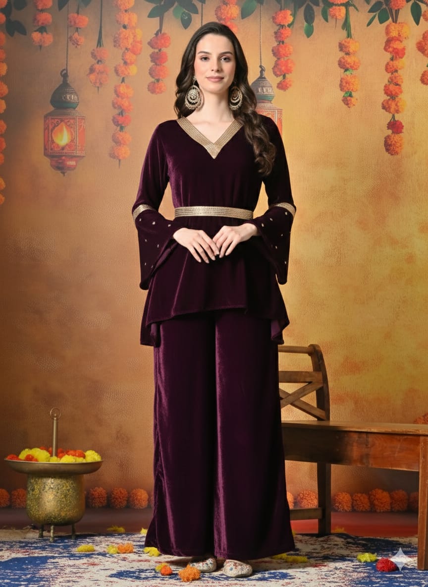 Myshka Women Wine Velvet Flared Sleeves Kurta Set - Distacart