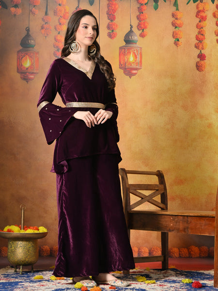 Myshka Women Wine Velvet Flared Sleeves Kurta Set