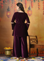 Myshka Women Wine Velvet Flared Sleeves Kurta Set - Distacart
