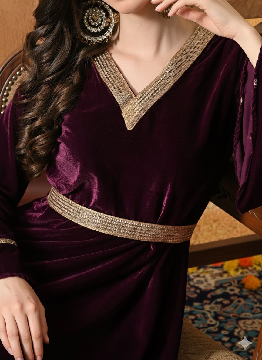 Myshka Women Wine Velvet Flared Sleeves Kurta Set - Distacart