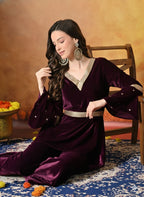 Myshka Women Wine Velvet Flared Sleeves Kurta Set - Distacart