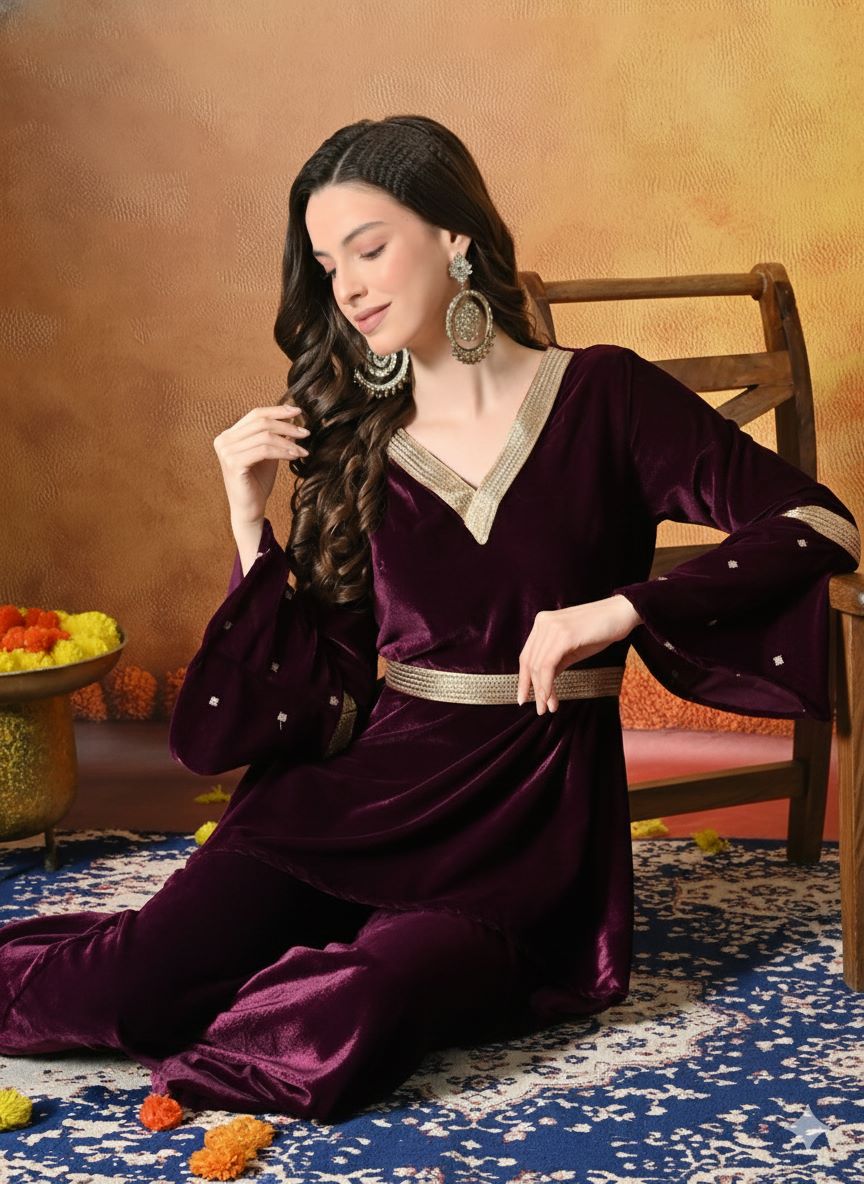Myshka Women Wine Velvet Flared Sleeves Kurta Set - Distacart