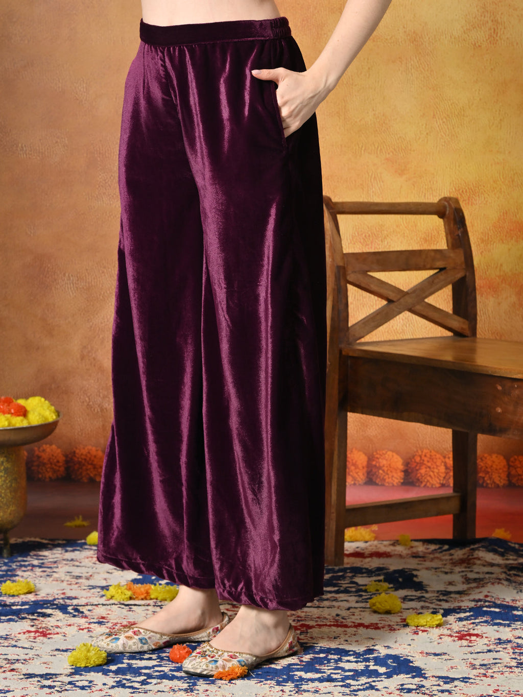Myshka Women Wine Velvet Flared Sleeves Kurta Set - Distacart