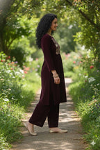 Myshka Women Wine Velvet Embroidered Full Sleeve Kurta With Trouser - Distacart