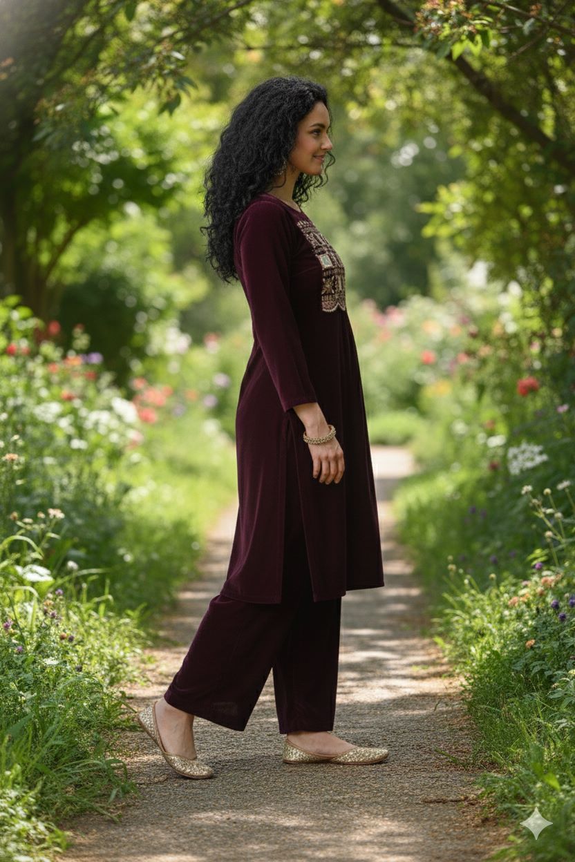 Myshka Women Wine Velvet Embroidered Full Sleeve Kurta With Trouser - Distacart