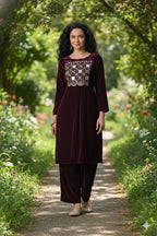 Myshka Women Wine Velvet Embroidered Full Sleeve Kurta With Trouser - Distacart