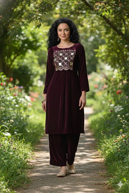 Myshka Women Wine Velvet Embroidered Full Sleeve Kurta With Trouser