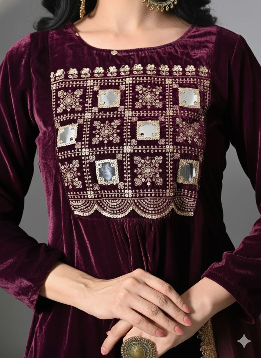 Myshka Women Wine Velvet Embroidered Full Sleeve Kurta With Trouser - Distacart
