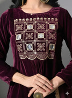 Myshka Women Wine Velvet Embroidered Full Sleeve Kurta With Trouser - Distacart