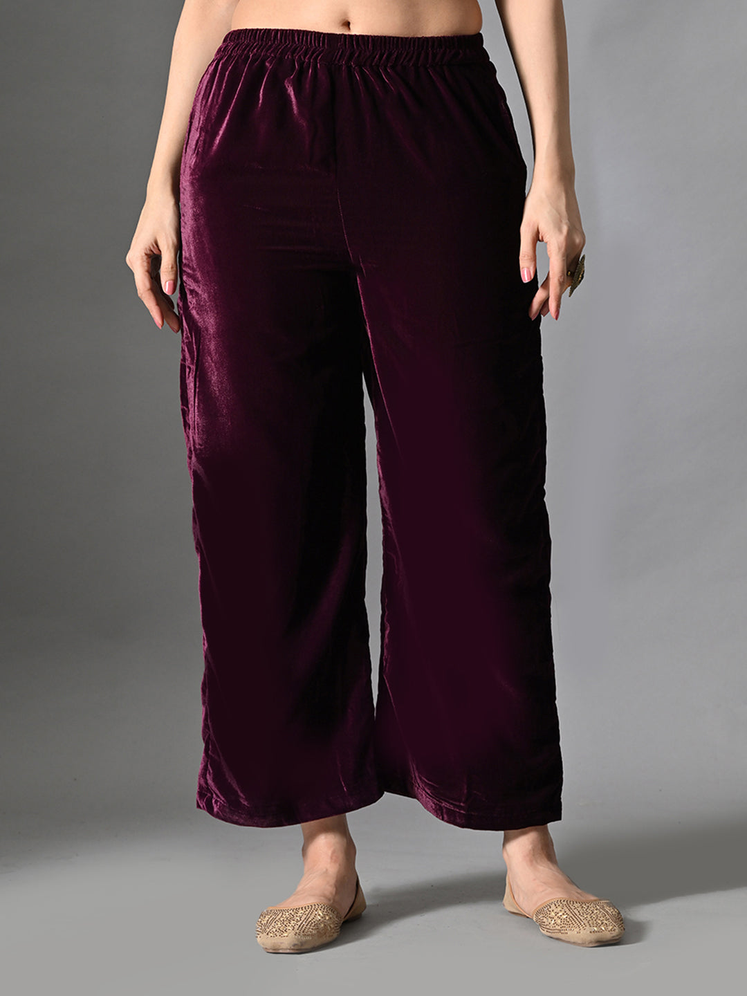 Myshka Women Wine Velvet Embroidered Full Sleeve Kurta With Trouser - Distacart