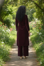 Myshka Women Wine Velvet Embroidered Full Sleeve Kurta With Trouser - Distacart