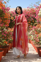 Myshka Women Red Sleeveless Kurta, White Palazzo with Printed Organza Dupatta - Distacart