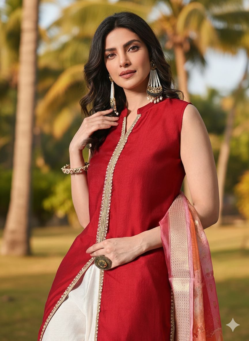 Myshka Women Red Sleeveless Kurta, White Palazzo with Printed Organza Dupatta - Distacart